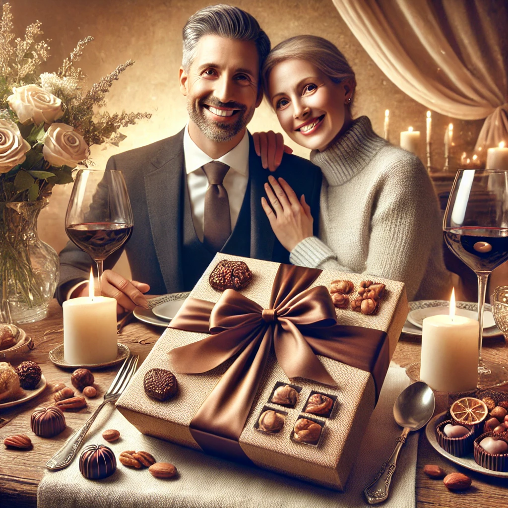 발렌타이데이 선물을 받고 행복해하는 부부의 이미지