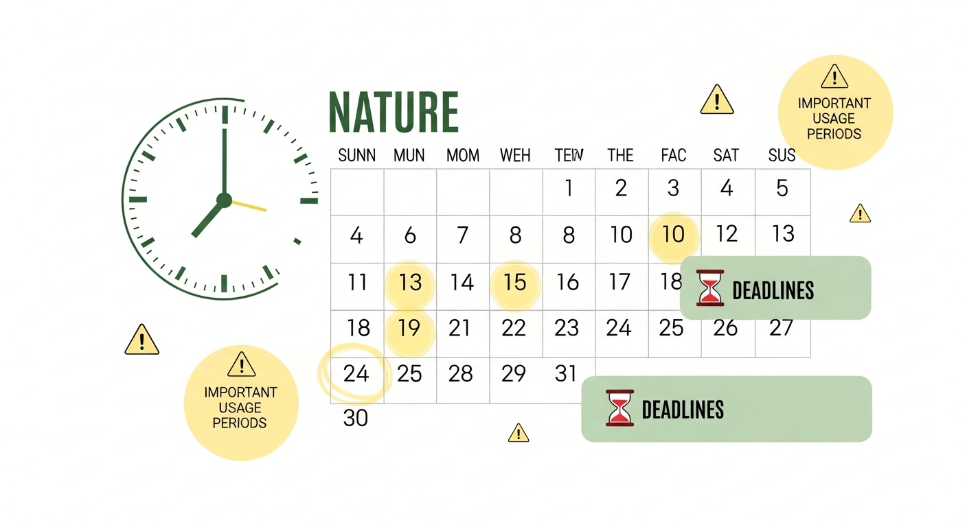 에너지바우처 신청 및 사용 기간을 강조하는 달력과 주의사항을 나타내는 경고 아이콘