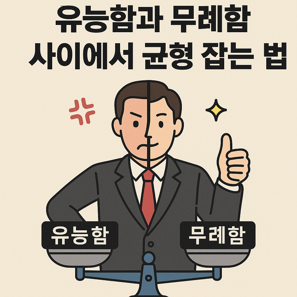 유능함과 무례함 사이에서 균형 잡는 직장인의 태도를 표현한 일러스트. 한 남성의 얼굴이 반으로 나뉘어 한쪽은 무례한 표정, 다른 쪽은 친절한 표정으로 그려져 있고, 하단에는 저울에 유능함과 무례함이 각각 놓여 있다.