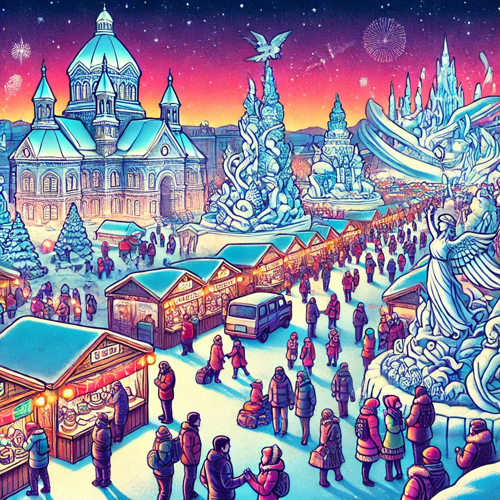 삿포로 눈 축제의 눈과 얼음 조각&amp;#44; 축제를 즐기는 사람들