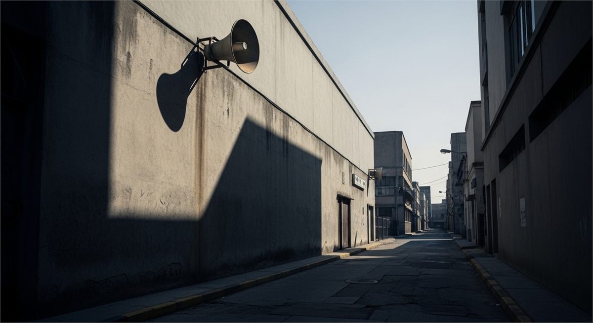 비어 있는 거리의 확성기 장면으로 선전을 상징한 모습