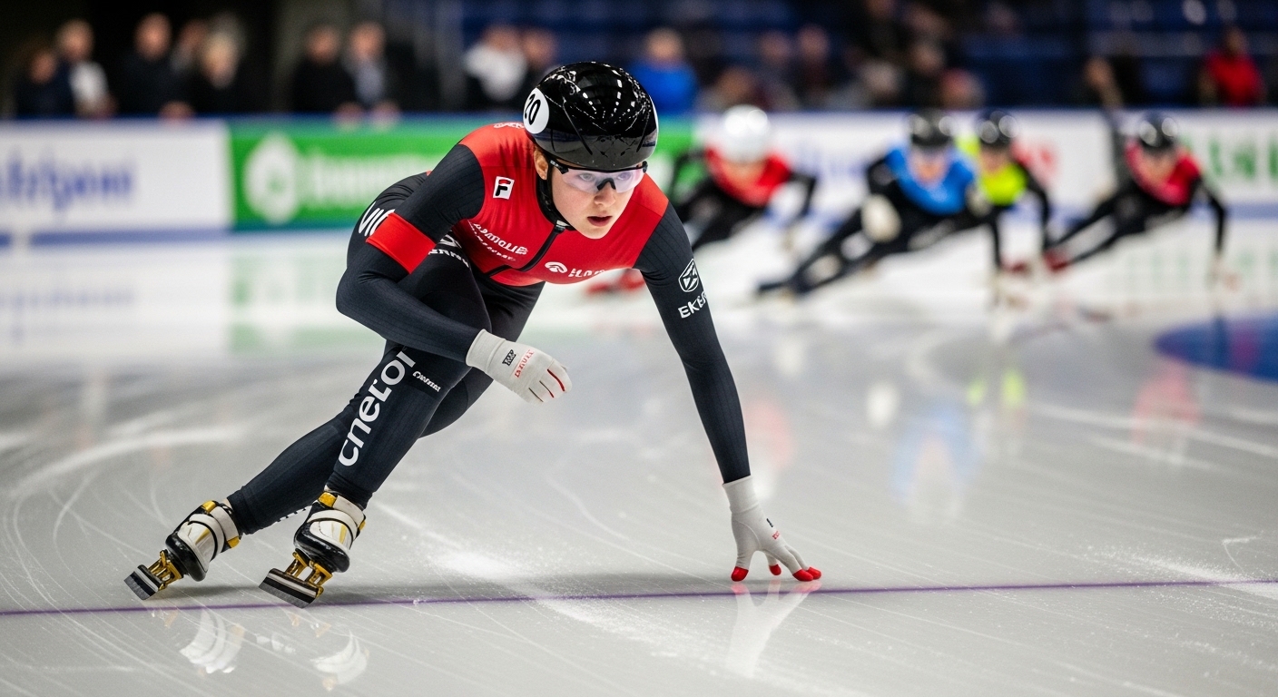 차준환 스타일의 날렵한 체형을 가진 여성 쇼트트랙 선수가 빙판 위에서 집중하는 예시 이미지