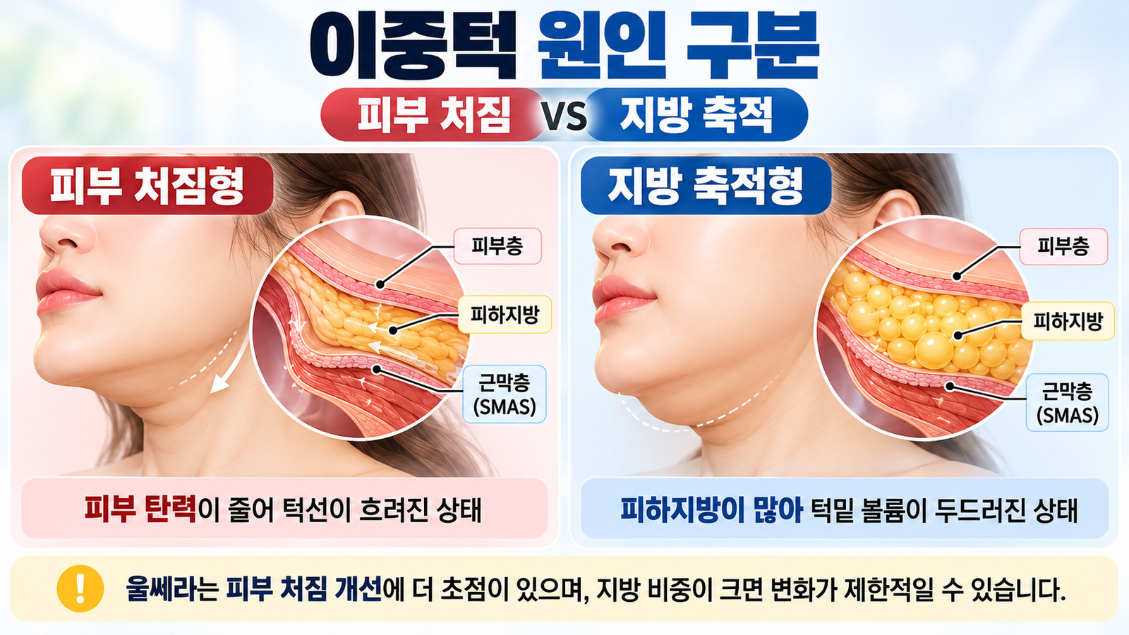 턱밑 피부 처짐형과 지방 축적형의 단면에서 피부층과 피하지방층이 어떻게 다른지 비교한 일러스트