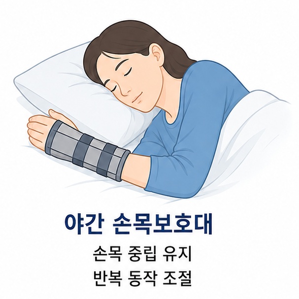 밤에 손목을 중립 위치로 유지하는 손목보호대와 활동 조절 방법을 설명한 이미지