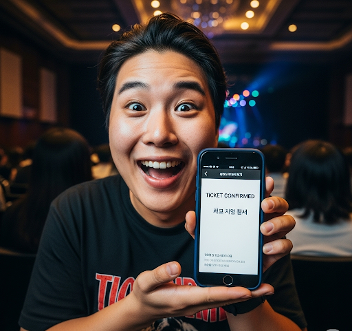취소표 티켓팅까지 성공해 원하는 자리에 앉게 된 팬의 행복한 모습.