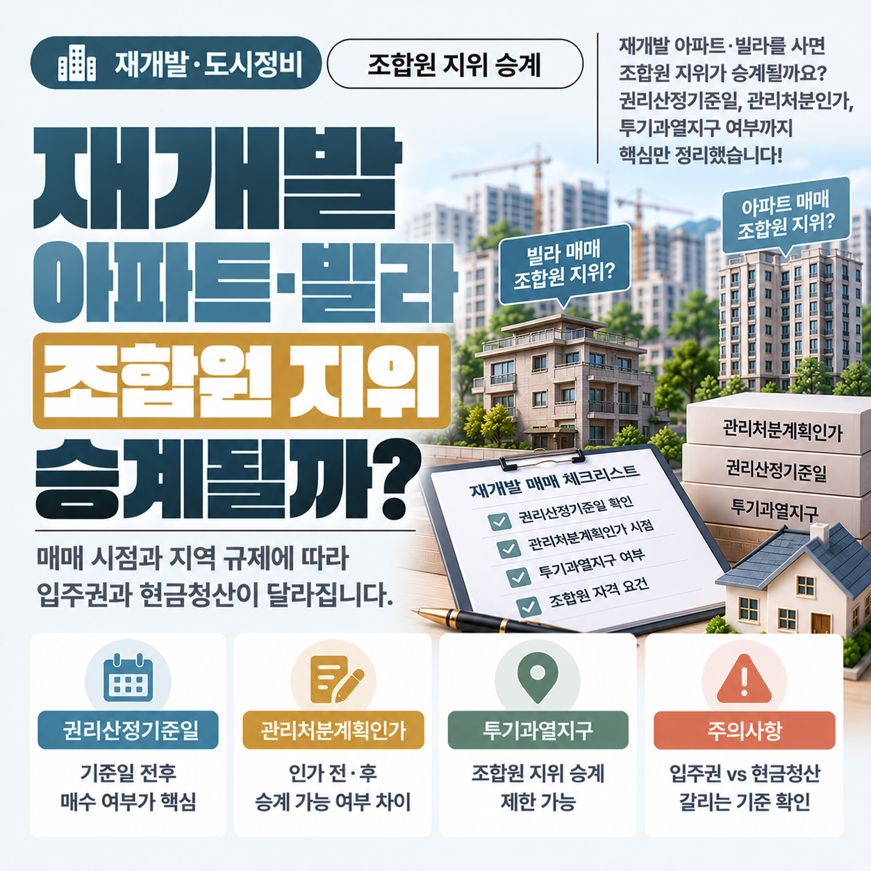 재개발 구역 빌라와 아파트 매매 후 조합원 지위 승계 조건을 설명하는 이미지