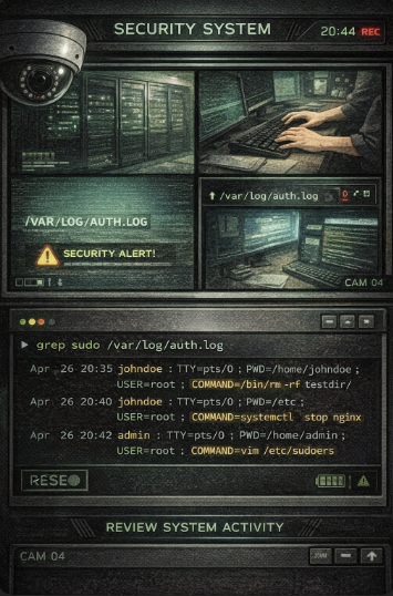 sudo ๋ช
๋ น ๊ธฐ๋ก์ ๊ฐ์ํ๋ ๋ณด์ ์์คํ
์ฝ์. CCTV ํ๋ฉด ์์ Linux ์ธ์ฆ ๋ก๊ทธ ๋ถ์๊ณผ sudo ๋ช
๋ น ์ถ์ ์ ๋ณด๊ฐ ํ์๋ ๋ชจ์ต.