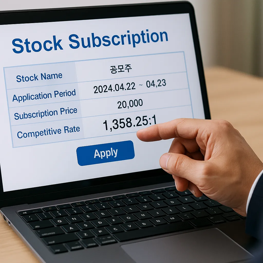 청약 경쟁률이 표시된 주식 청약 화면을 들여다보는 투자자의 손 클로즈업
