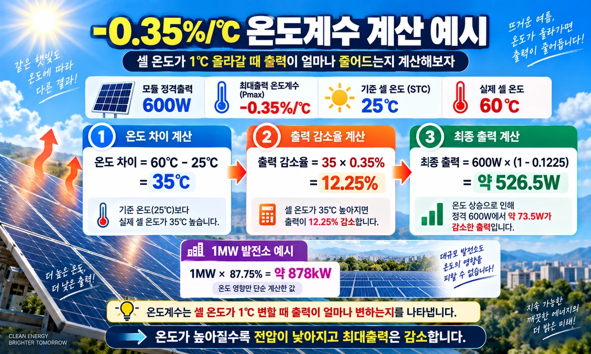 정격출력 600W와 온도계수 마이너스 0.35퍼센트 기준으로 셀 온도 60도에서 출력 감소량을 계산한 예시