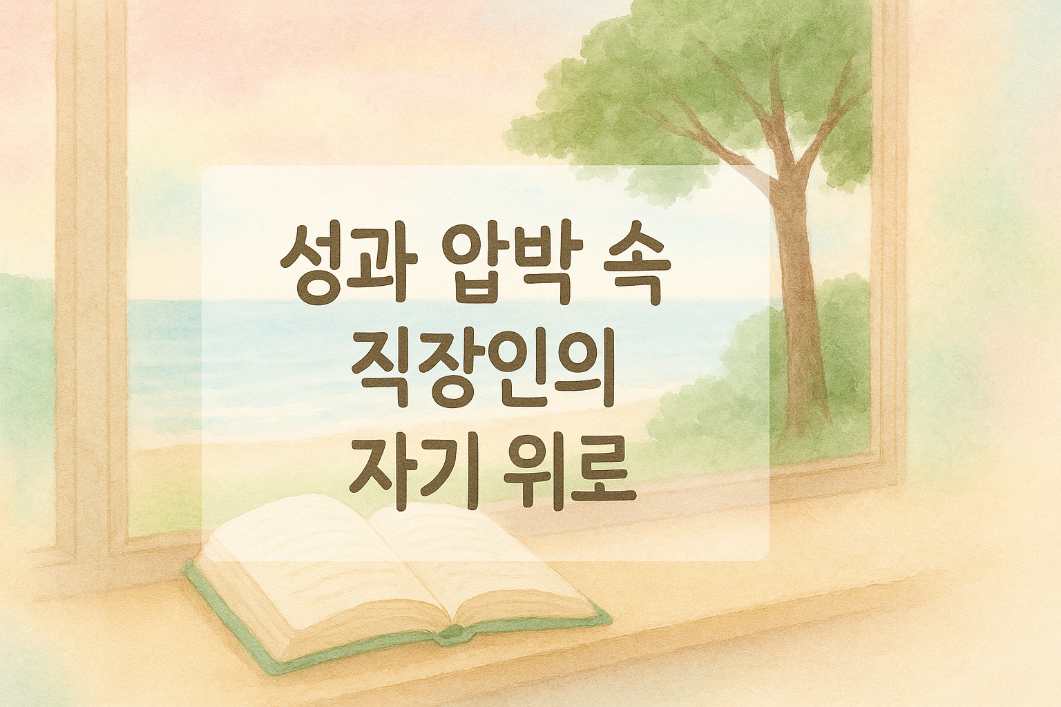 창밖의 평화로운 바다와 책