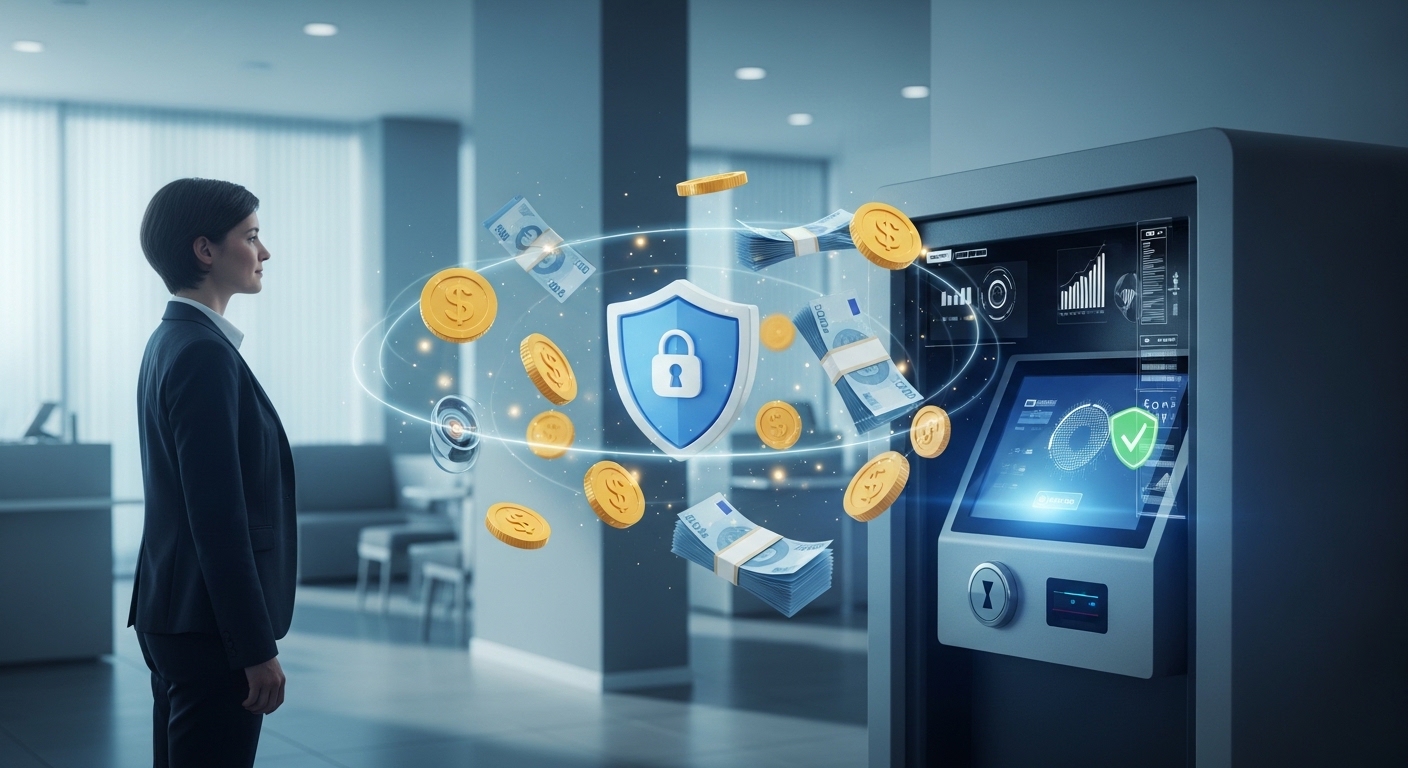 디지털 금고가 돈을 안전하게 보호하고 있는 모습, 금융 압류로부터 벗어나 생계비를 지키는 안도감을 상징합니다.