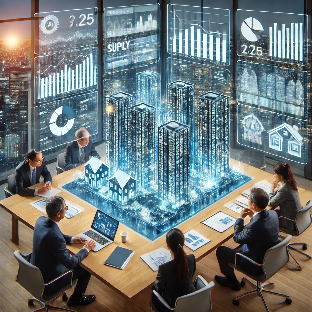 정부 관계자들이 수도권 아파트 시장의 공급&middot;수요, 가격 변동, 미래 개발 계획을 디지털 보고서를 통해 논의하는 모습.