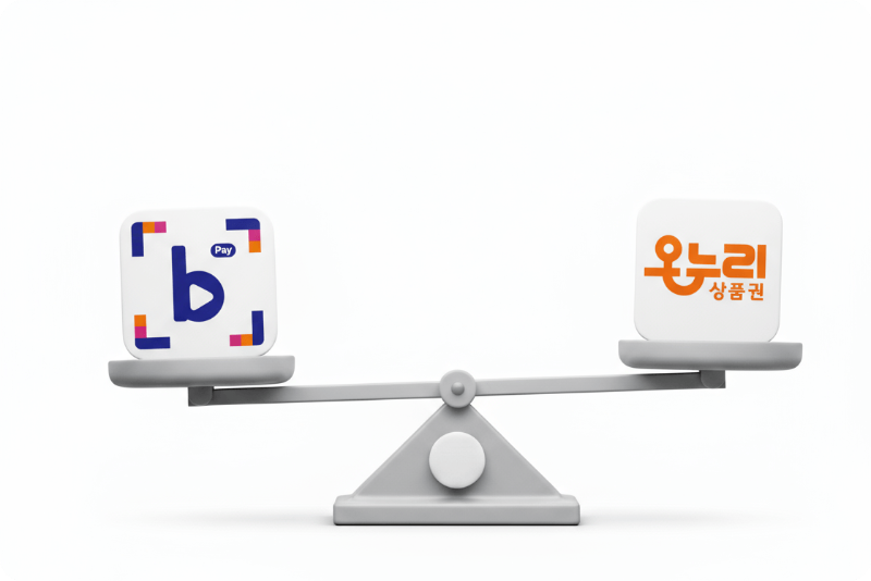 디지털온누리와 비플페이 앱의 기능 비교를 나타내는 저울 아이콘