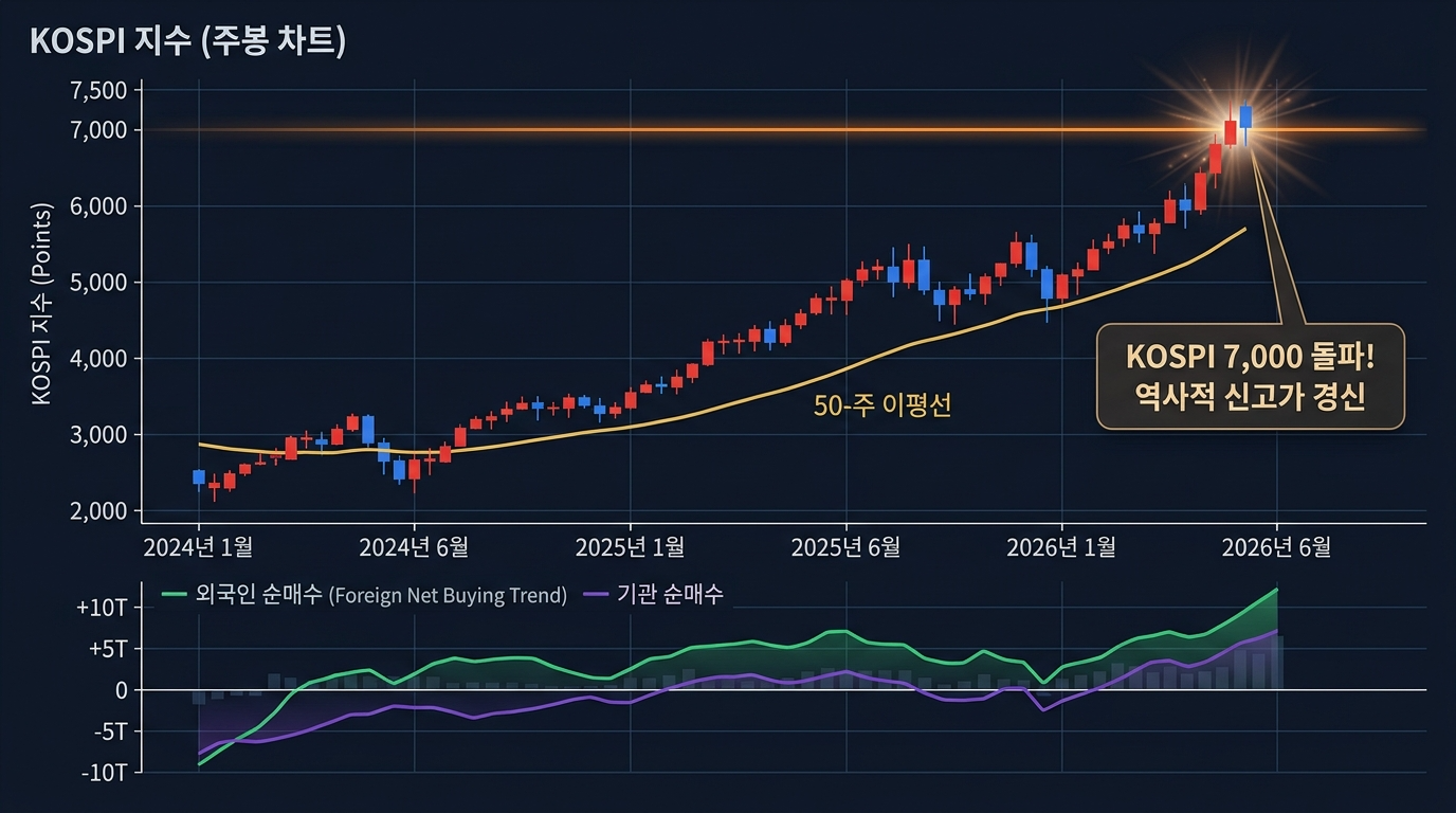 코스피 지수와 외국인&middot;기관 순매수 복합 차트