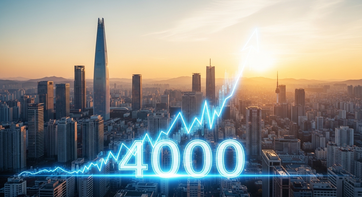 2025년 코스피 지수 4000포인트를 돌파하며 환호하는 투자자들과 상승하는 주식 시장 그래프. 한국 경제의 새로운 이정표를 상징합니다.