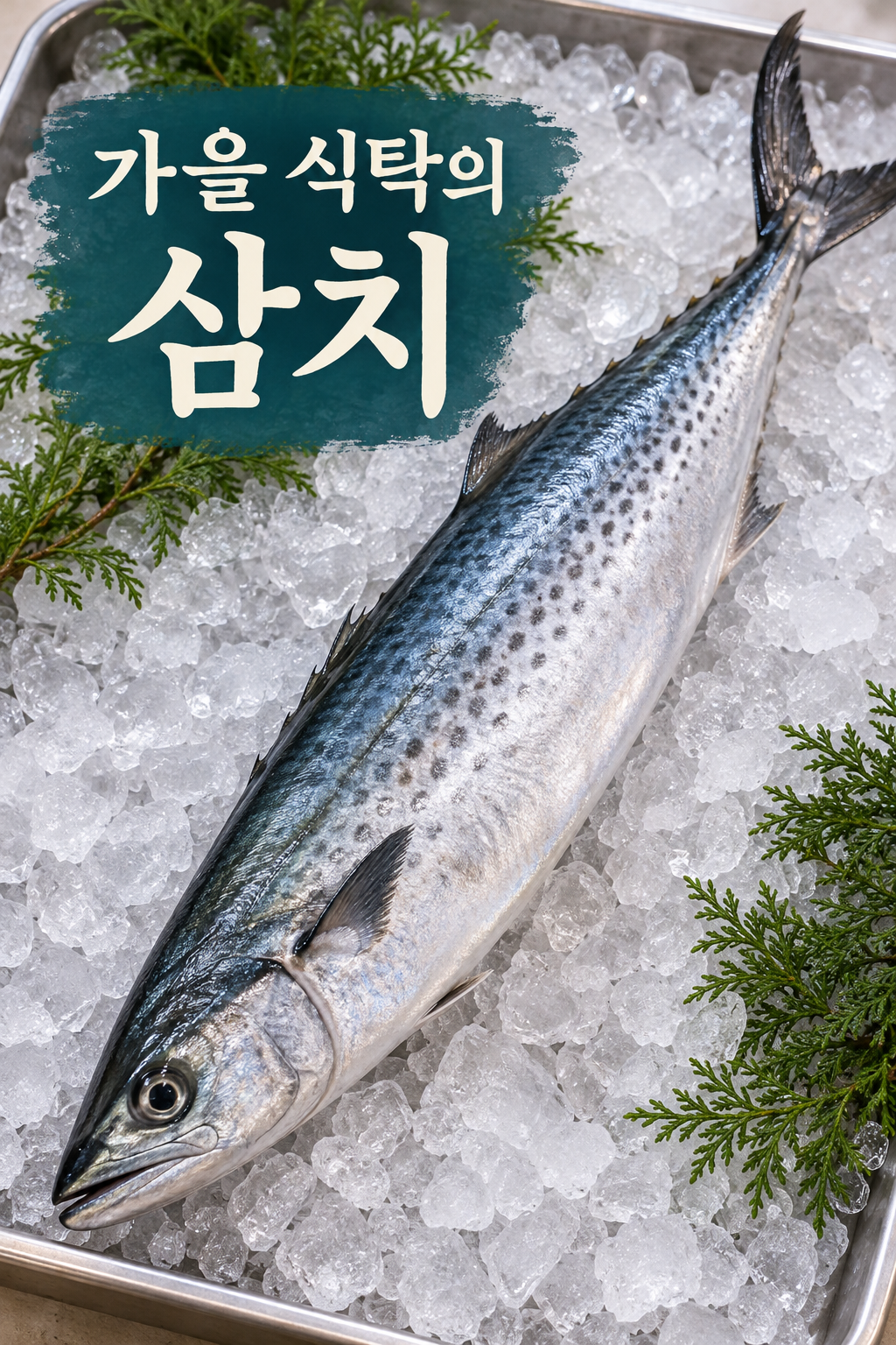 얼음 위에 놓인 길쭉한 은빛 삼치와 몸 옆의 점무늬.