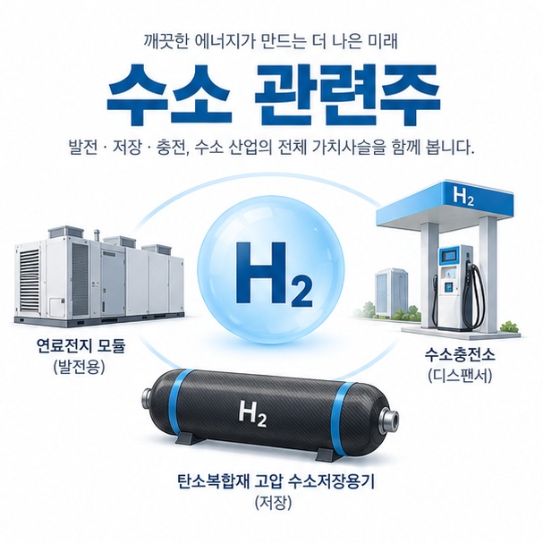 수소 관련주라는 제목과 수소연료전지, 고압 저장용기, 수소충전소를 함께 표현한 대표 이미지
