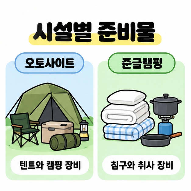 오토사이트에 필요한 텐트와 캠핑 장비를 준글램핑에 필요한 침구와 취사 장비와 나란히 비교한 준비물 삽화