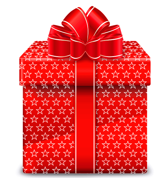빨간 선물 상자가 있고 빨간 리본으로 포장됐다. 포장지 가득 하얀 별이 그려졌다.
