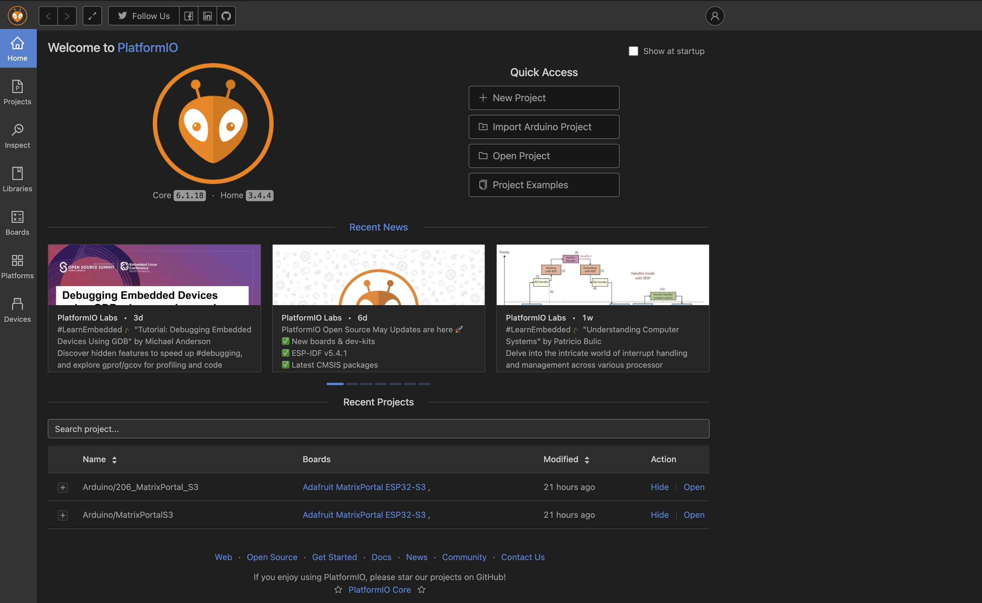 VSCODE + PlatformIO 화면구성