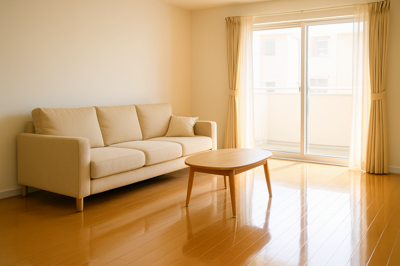 거실 바닥이 반짝이고 소파와 테이블이 정돈된 밝은 인테리어