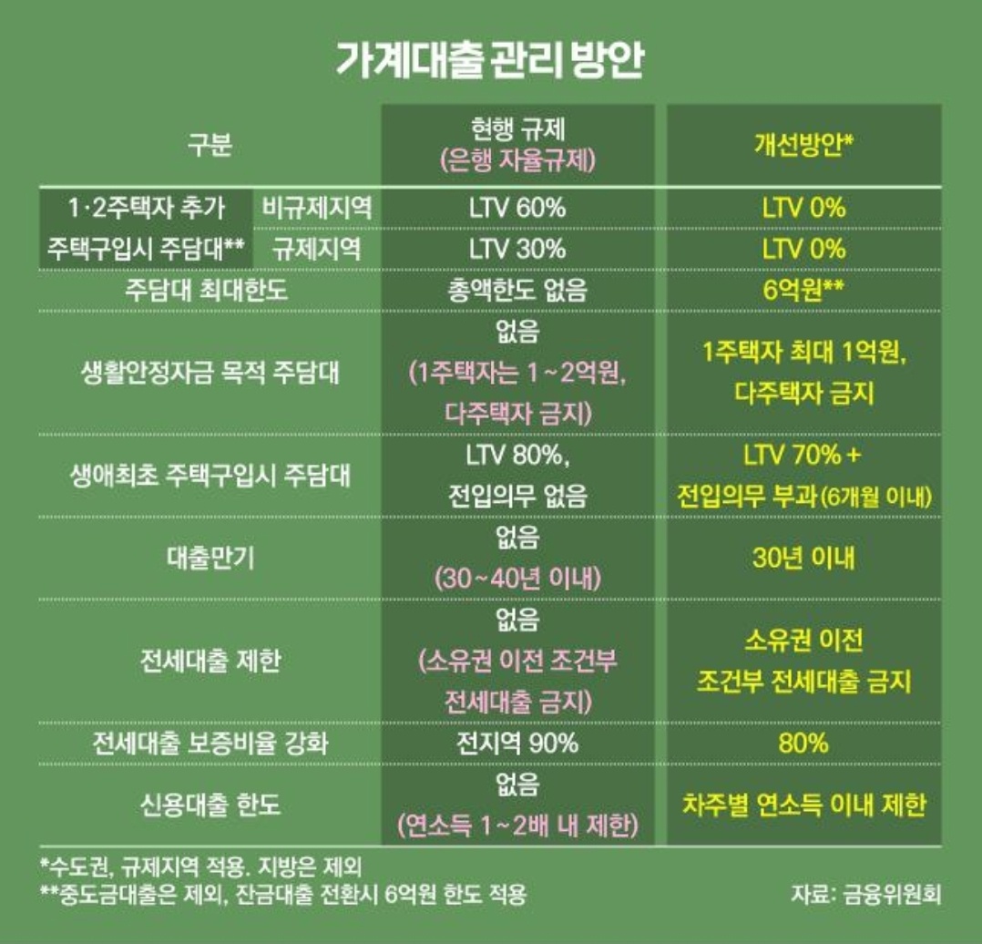 금융위원회 대출규제 내용 정리표 이미지