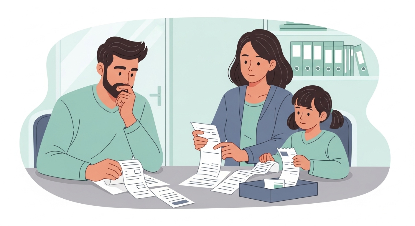 병원이 배경에 있는 가족이 의료비 영수증을 보며 세액공제 계획을 세우는 모습