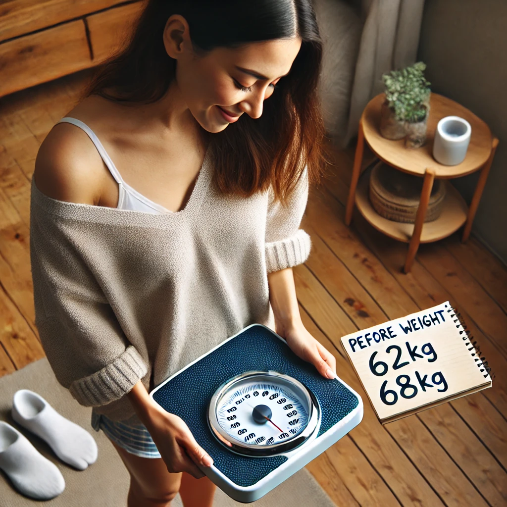 여성이 체중계 위에서 체중을 확인하는 모습, 68kg에서 62kg으로 감량 성공-다이어트 기록