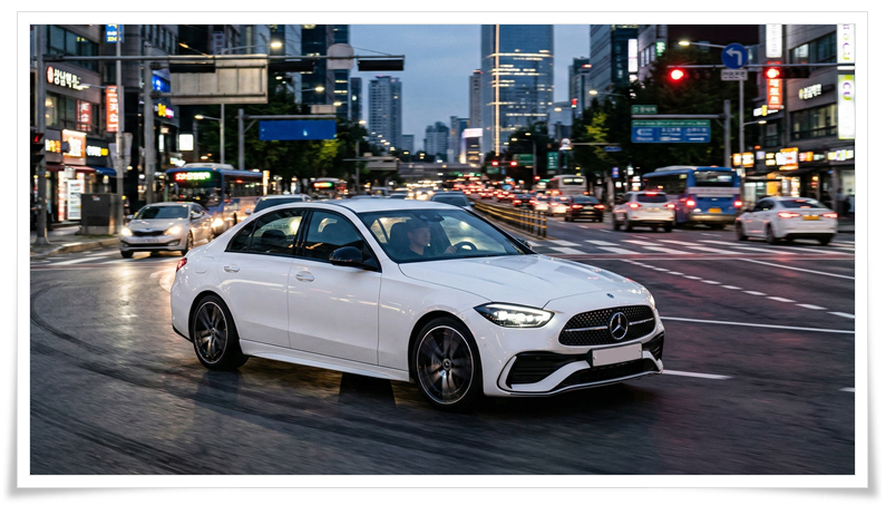 도심을 질주하는 벤츠 C클래스의 역동적인 모습