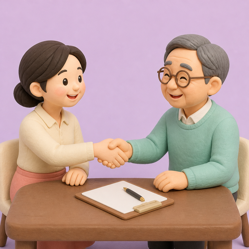 새 계약서에 서명을 마치고 웃으며 악수하는 세입자와 집주인