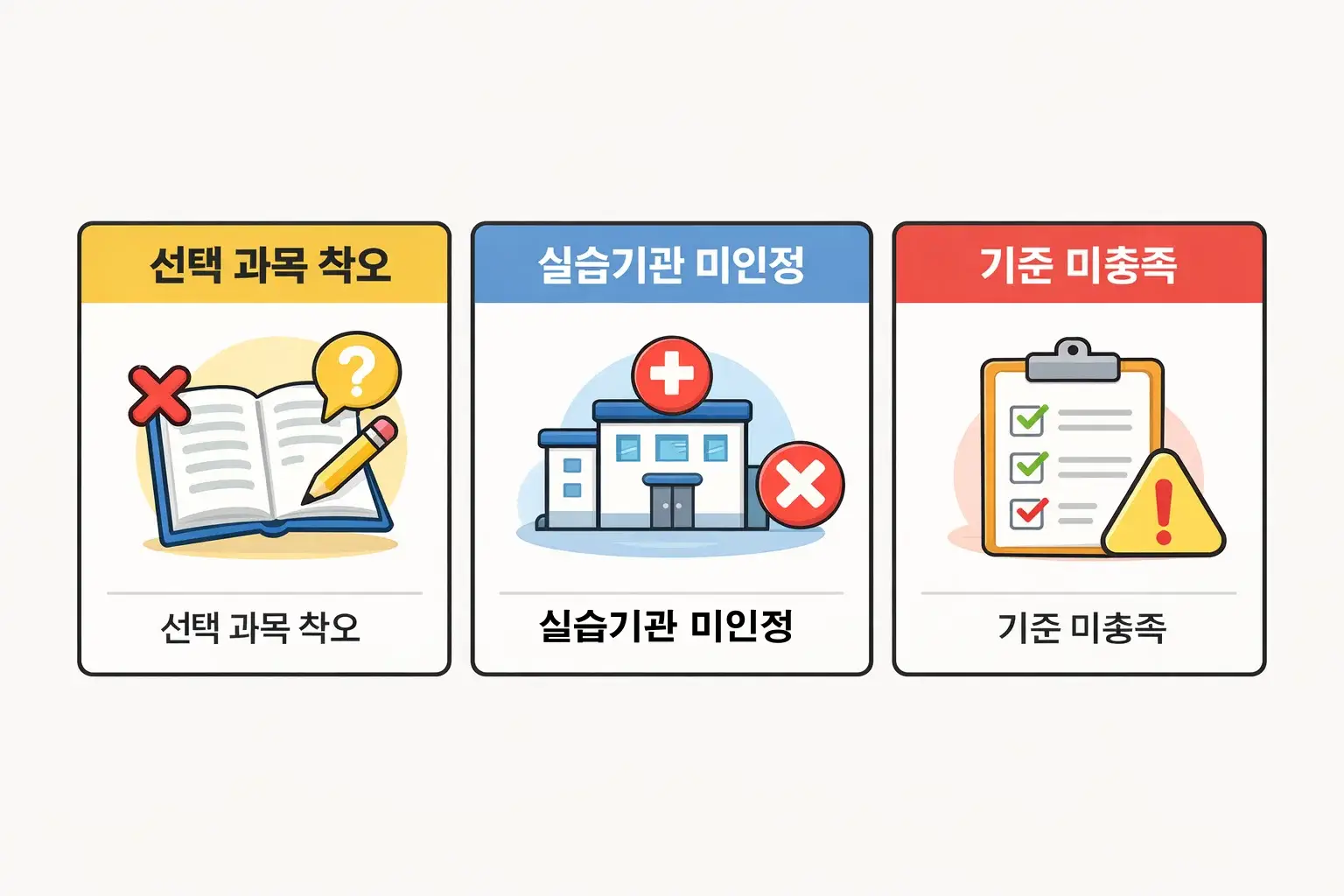 사회복지사2급 취득과목 준비 과정에서 선택과목 착오·실습기관 미인정·기준 미충족 등 발생 위험 요소를 예방하도록 구성한 점검 이미지