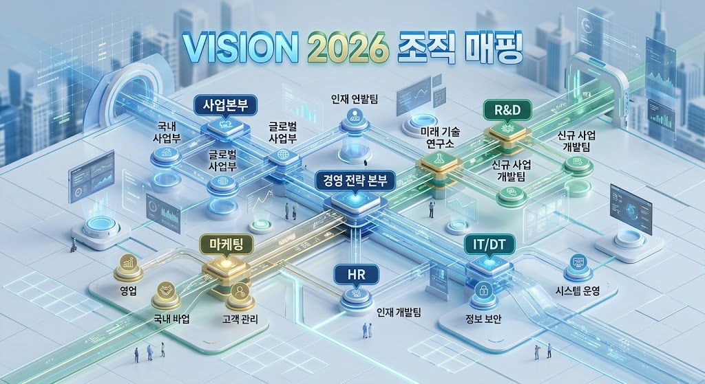 각 팀 간의 데이터 생성 및 소비 의존성을 빛나는 데이터 스트림으로 연결한 거시적 아키텍처 구조.