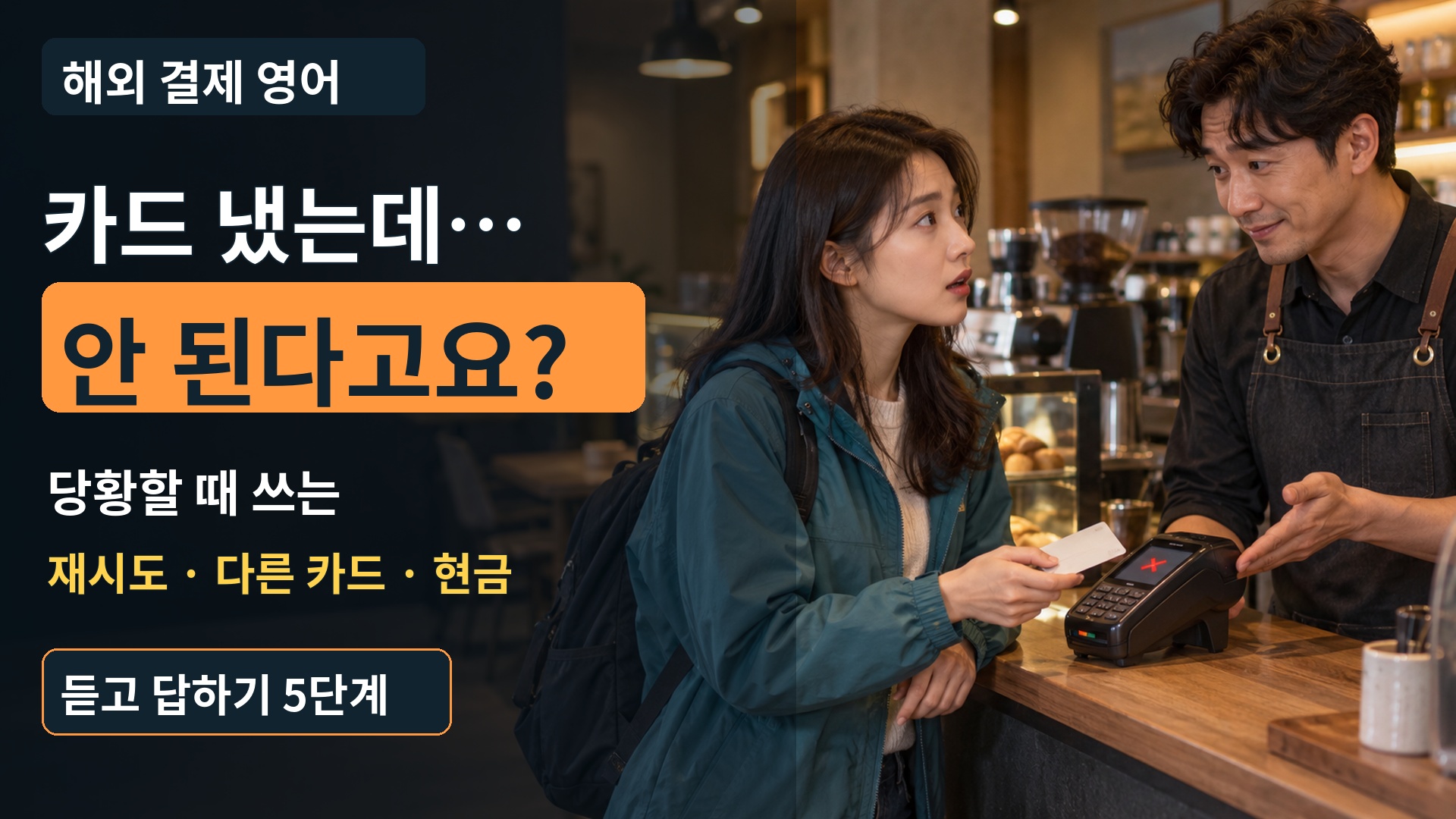 해외 매장 계산대에서 카드 결제가 되지 않아 직원과 확인하는 손님
