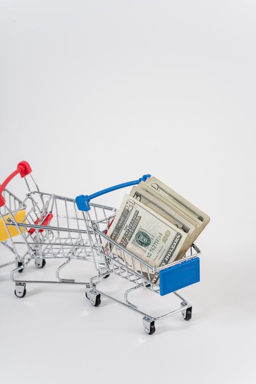 여러개의 모형 카트에 달러 지폐가 담겨 밀려 나가는 모습