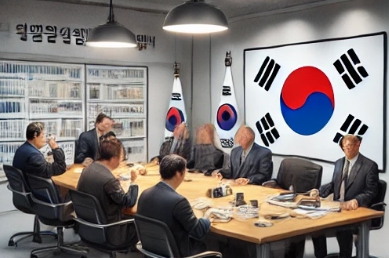 회의장에서 사람들이 회의를 하고 있는 모습