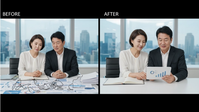 4050 세대 한국인이 IRP 분산 투자 전략을 통해 복잡한 재정 계획을 명확하고 안정적으로 전환하는 모습을 담은 이미지