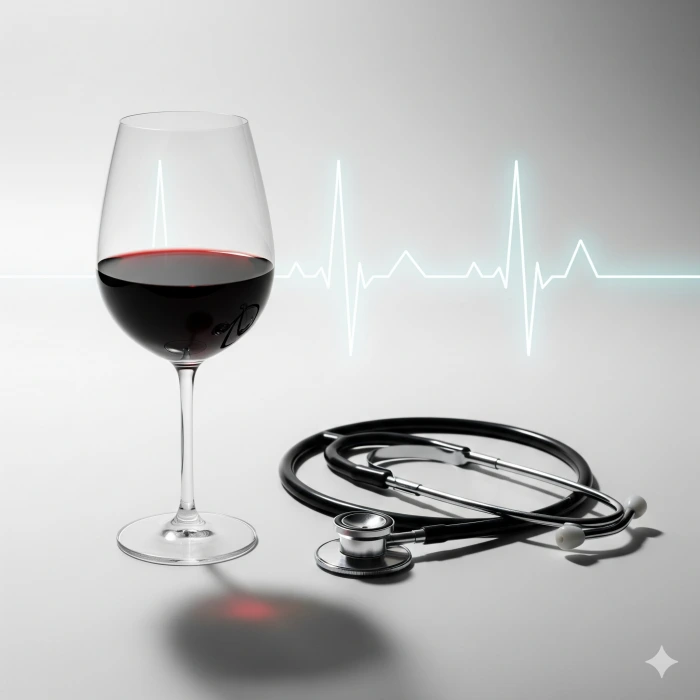 깨끗한 배경 위에 놓인 레드 와인 한 잔과 의료용 청진기. 배경에는 심전도(EKG) 라인이 희미하게 빛나고 있습니다.