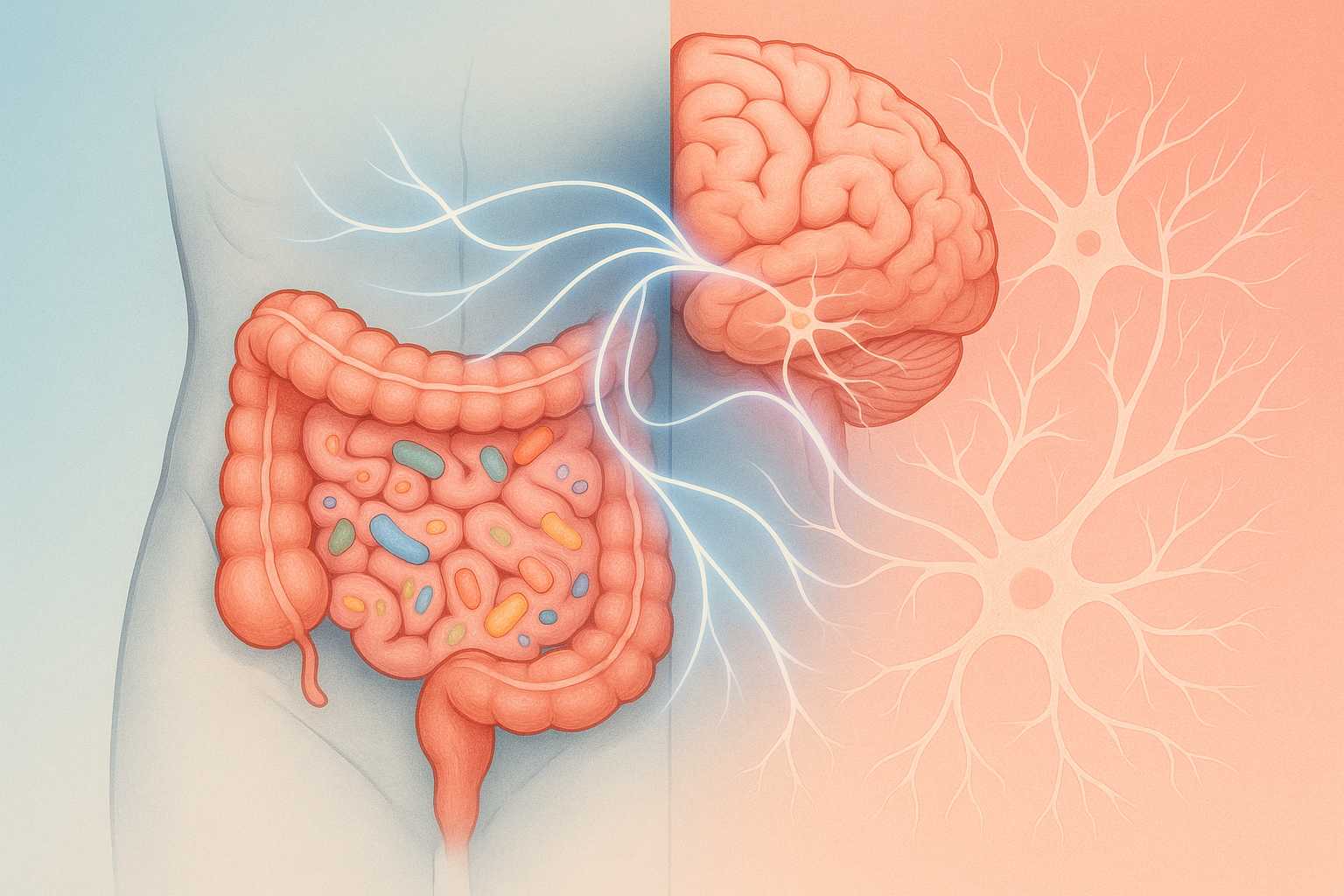 장 속 미생물 생태계와 뇌와의 관계를 나타내는 일러스트