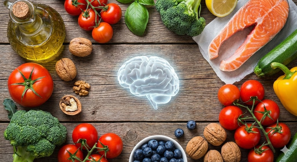 치매 예방 지중해성 식단 핵심 식재료와 뇌 건강 상징 이미지