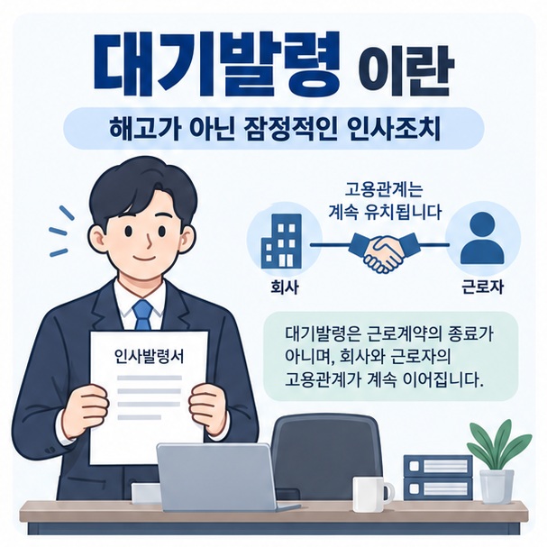 대기발령 이란 무엇인지 회사원과 빈 업무석, 인사발령 문서를 함께 보여주는 이미지