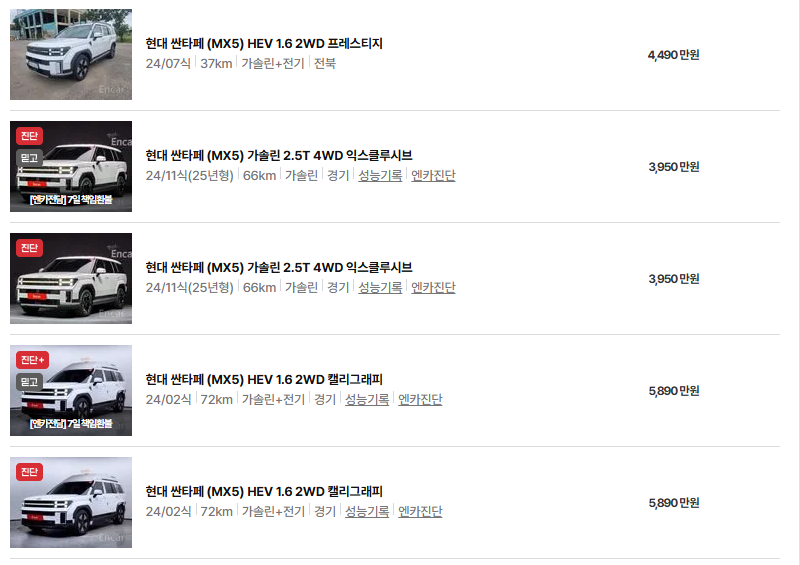 현대 싼타페 중고차 가격 시세표 유지비