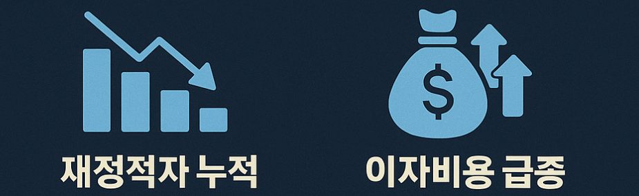 미국 신용등급 강등의 배경을 설명하는 인포그래픽. 재정적자, 이자비용, 정치 불확실성, 무디스 평가를 시각적으로 구성.