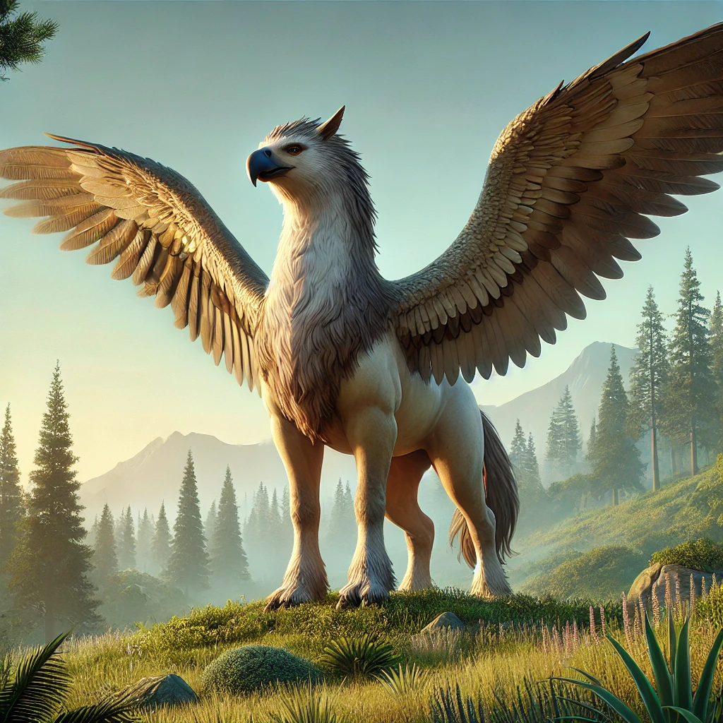 자연 풍경 속에서 히포그라프의 독수리 머리와 말의 몸통을 강조한 전체 모습