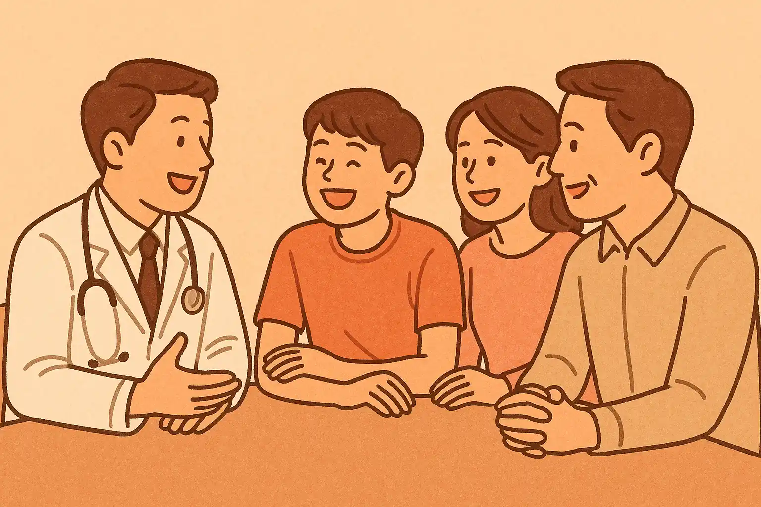 청소년과 부모가 의사와 웃으며 상담하는 장면