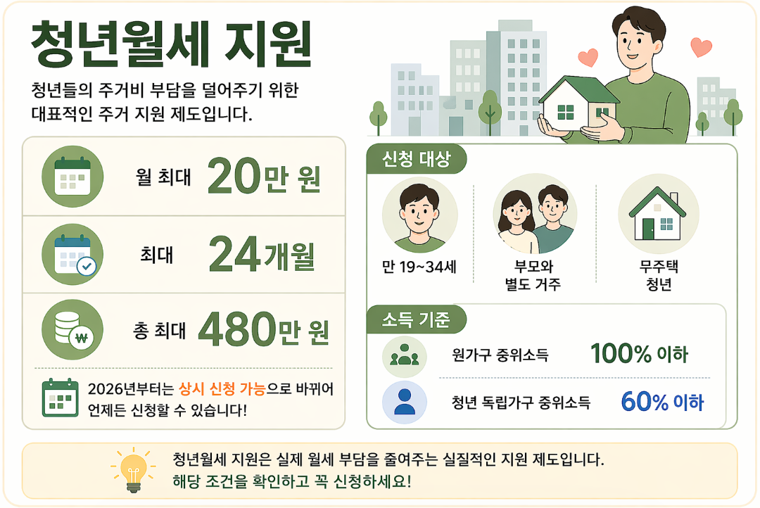 청년월세 지원 월 최대 20만원 및 총 480만원 혜택과 2026년 상시 신청 전환 안내