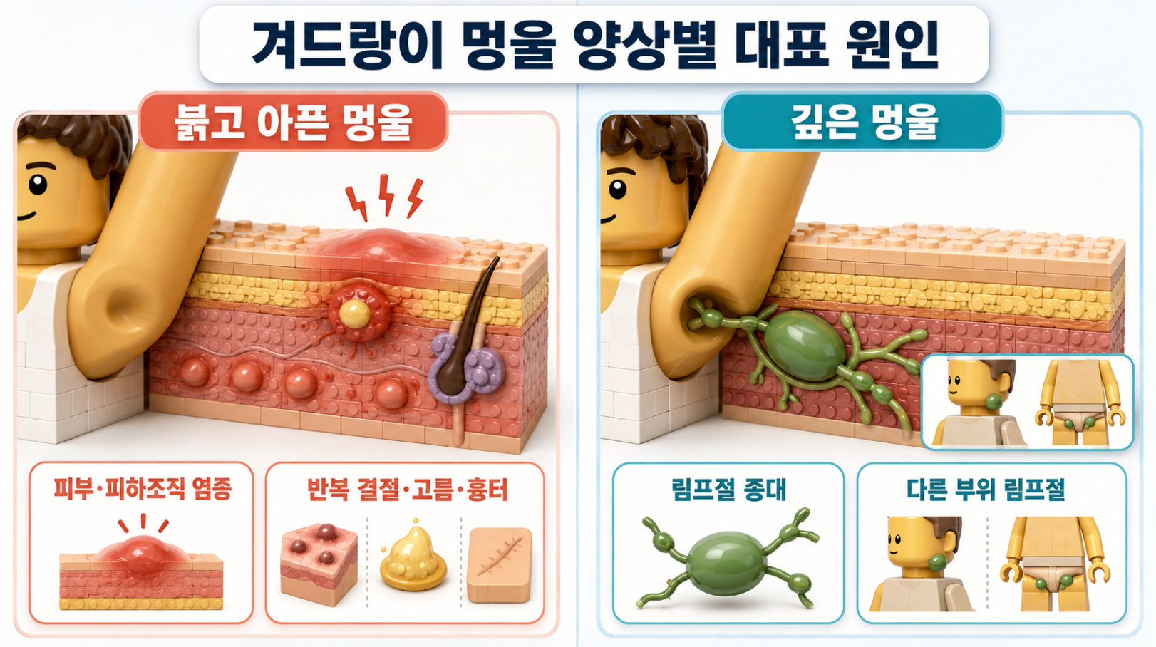 붉고 아픈 겨드랑이 멍울과 깊은 림프절 멍울의 대표 원인 비교