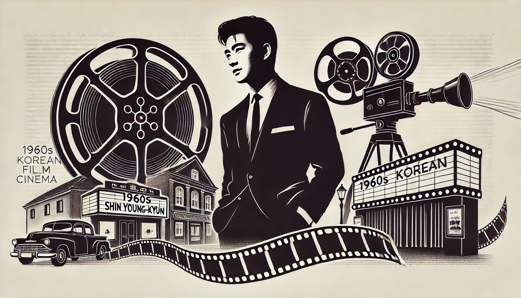 Black and white, a man standing in the middle of films and cameras