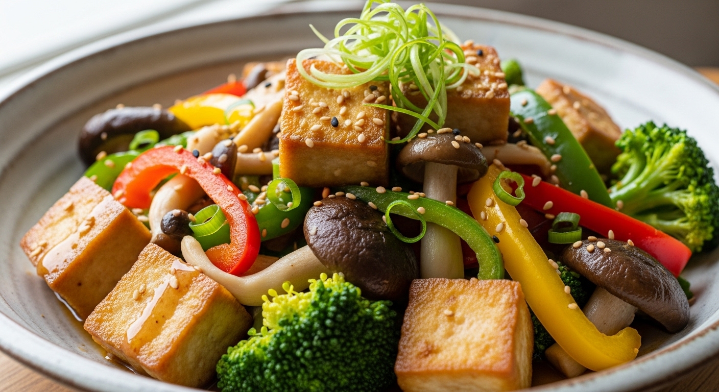 노릇하게 구운 두부와 다채로운 버섯, 파프리카가 어우러진 향긋한 두부 버섯 채소 볶음.