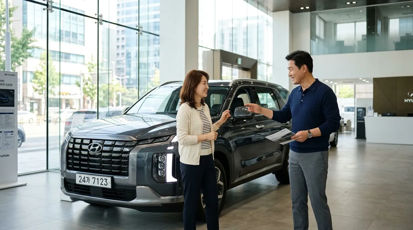자동차 매장에서 차량을 살펴보고 있는 가족