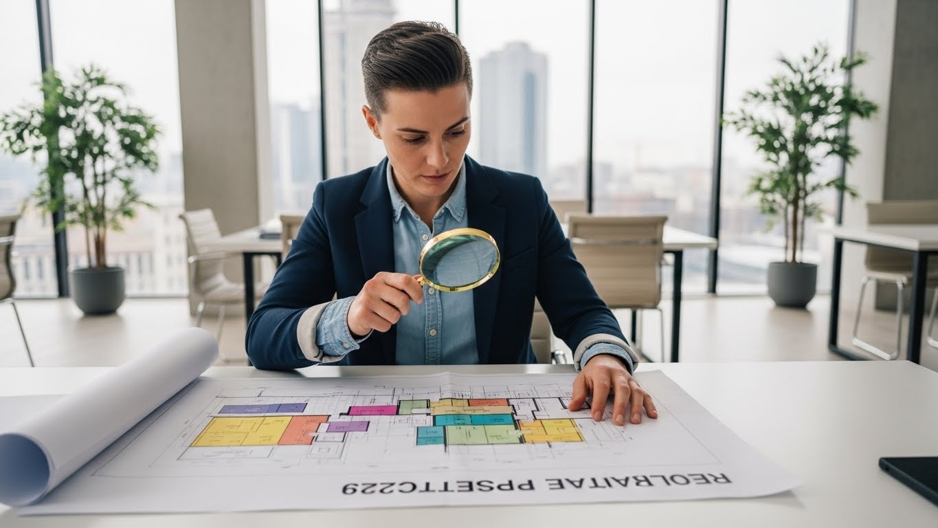 A professional looking person reviewing a blueprint labeled 'Real Estate Policy 2026' with a magnifying glass, in a modern office setting.